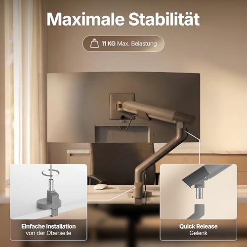 3IDEE Flexi Pro Monitorarm Premium Monitor Halterung Tisch bis 40” & 11kg – Curved, Heavy Duty, federunterstützt, höhenverstellbar & voll beweglich – VESA 75/100 Slim Aluminium Design – Space Grey