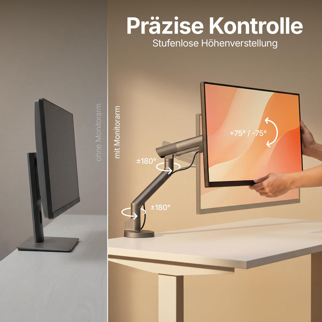 3IDEE Flexi Pro Monitorarm Premium Monitor Halterung Tisch bis 40” & 11kg – Curved, Heavy Duty, federunterstützt, höhenverstellbar & voll beweglich – VESA 75/100 Slim Aluminium Design – Space Grey