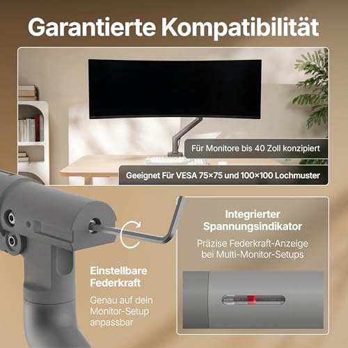 3IDEE Flexi Pro Monitorarm Premium Monitor Halterung Tisch bis 40” & 11kg – Curved, Heavy Duty, federunterstützt, höhenverstellbar & voll beweglich – VESA 75/100 Slim Aluminium Design – Space Grey