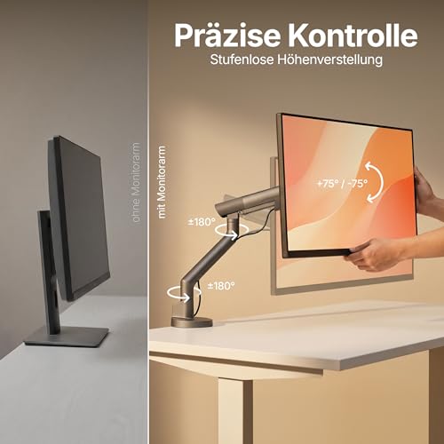 3IDEE Flexi Pro Monitorarm Premium Monitor Halterung Tisch bis 40” & 11kg – Curved, Heavy Duty, federunterstützt, höhenverstellbar & voll beweglich – VESA 75/100 Slim Aluminium Design – Space Grey