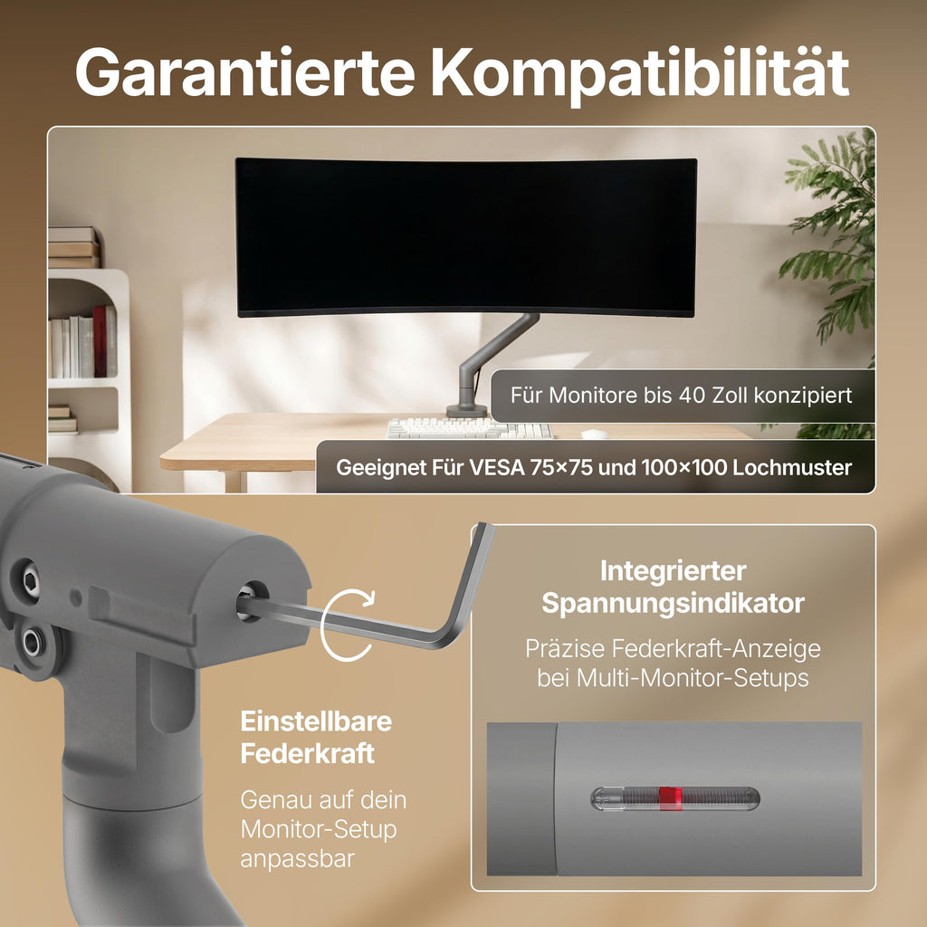 3IDEE Flexi Pro Monitorarm Premium Monitor Halterung Tisch bis 40” & 11kg – Curved, Heavy Duty, federunterstützt, höhenverstellbar & voll beweglich – VESA 75/100 Slim Aluminium Design – Space Grey
