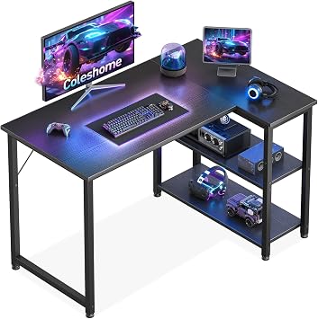 Coleshome Kleiner Gaming Tisch mit Regal, 100×70 cm, Schwarz