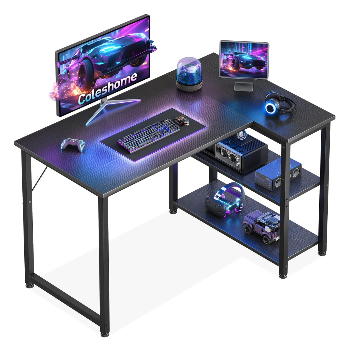 Coleshome Kleiner Gaming Tisch mit Regal, 100×70 cm, Schwarz