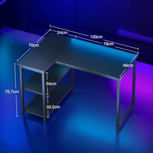 Coleshome Kleiner Gaming Tisch mit Regal, 100×70 cm, Schwarz