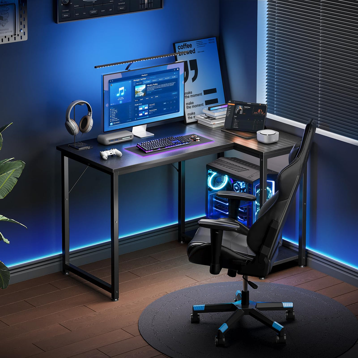 Coleshome Kleiner Gaming Tisch mit Regal, 100×70 cm, Schwarz