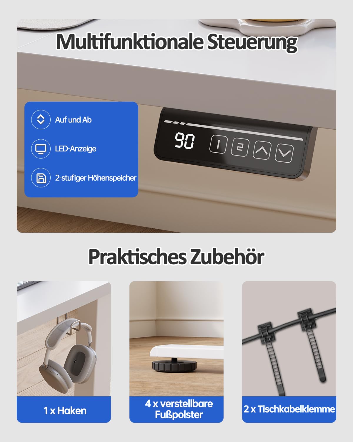 Devoko Elektrisch Höhenverstellbarer Schreibtisch 120 x 60cm, Stabiler Schreibtisch Höhenverstellbar Tisch, Steh-Sitz Bürotisch, Computertisch mit Memory-Funktion, Stehpult, Standing Desk, Weiß