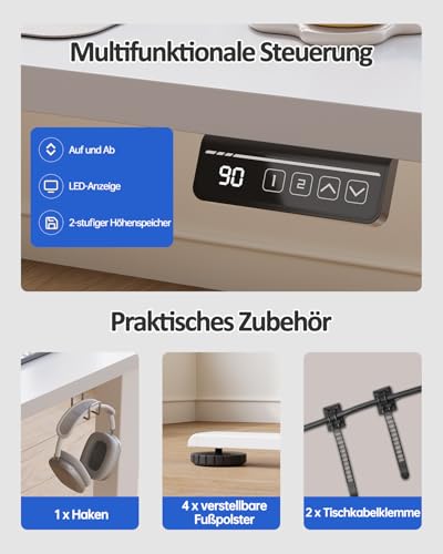 Devoko Elektrisch Höhenverstellbarer Schreibtisch 120 x 60cm, Stabiler Schreibtisch Höhenverstellbar Tisch, Steh-Sitz Bürotisch, Computertisch mit Memory-Funktion, Stehpult, Standing Desk, Weiß
