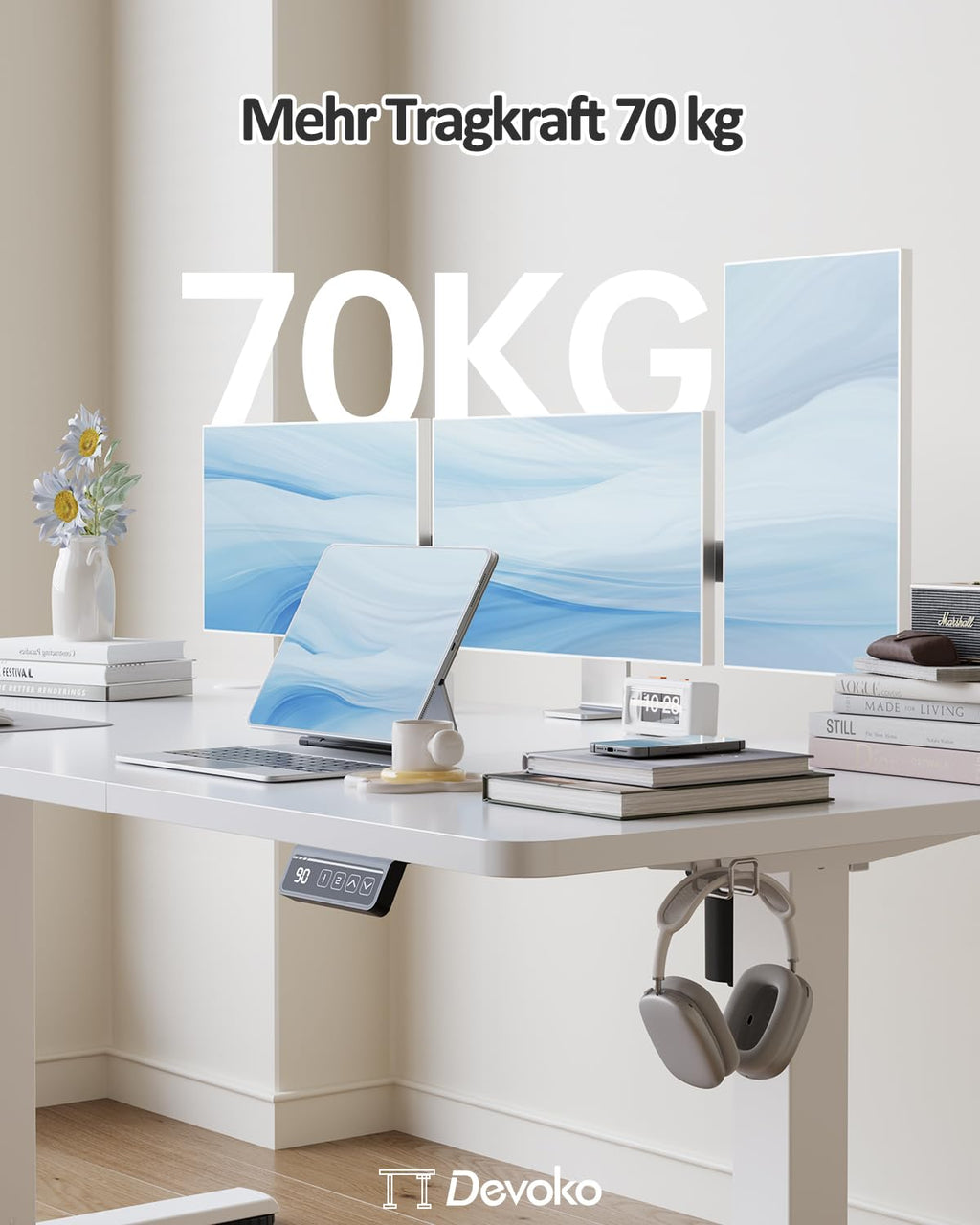 Devoko Elektrisch Höhenverstellbarer Schreibtisch 120 x 60cm, Stabiler Schreibtisch Höhenverstellbar Tisch, Steh-Sitz Bürotisch, Computertisch mit Memory-Funktion, Stehpult, Standing Desk, Weiß