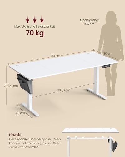SONGMICS Höhenverstellbarer Schreibtisch 180 x 80 cm