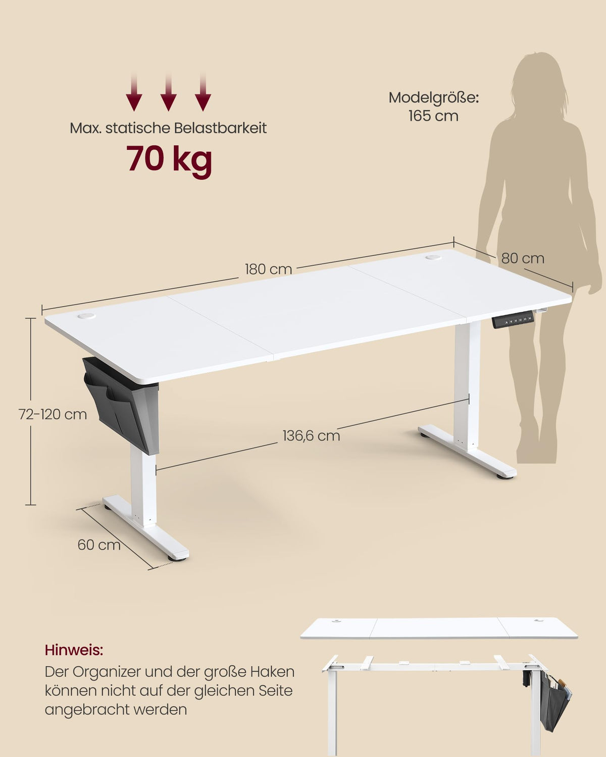 SONGMICS Höhenverstellbarer Schreibtisch 180 x 80 cm