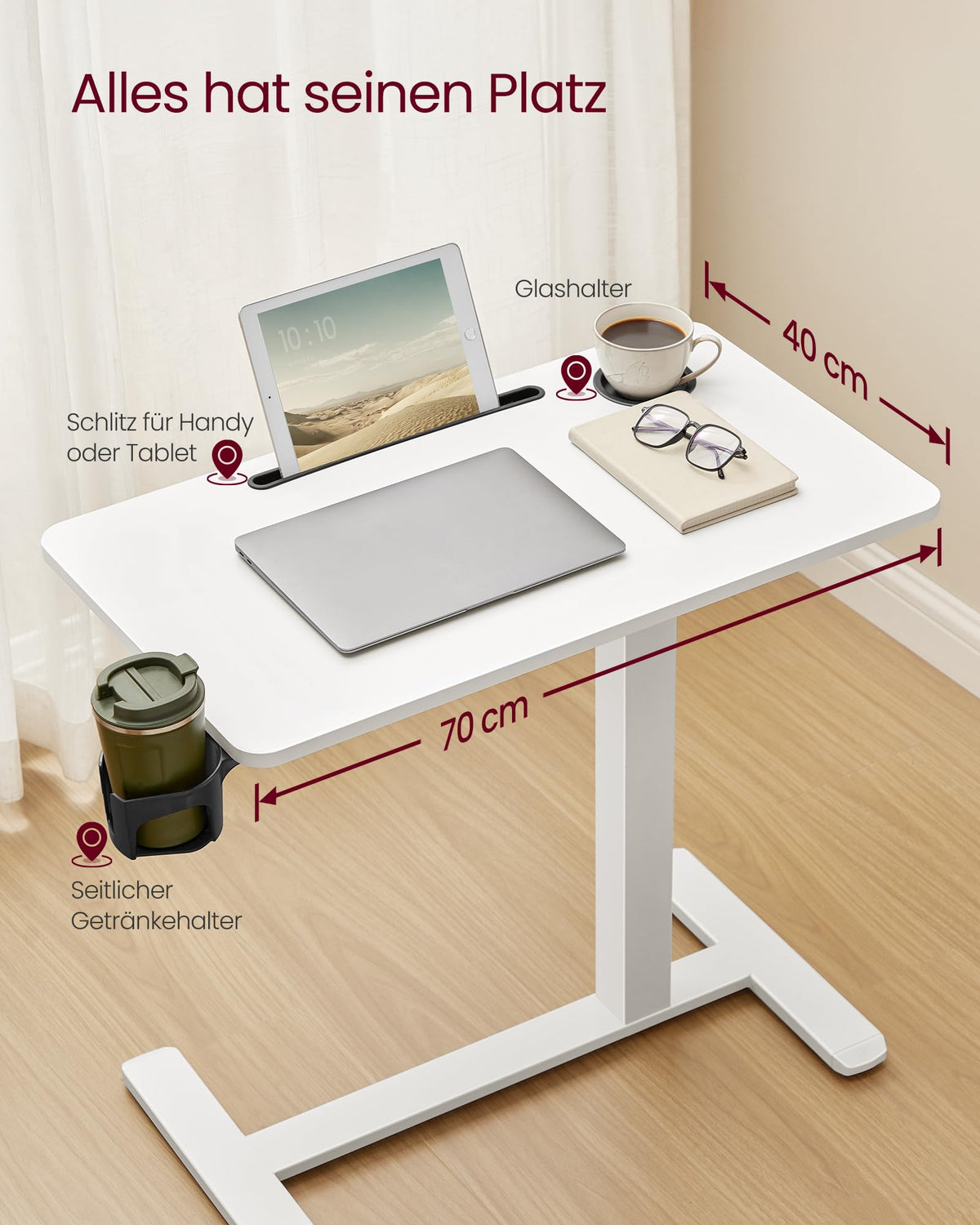 VASAGLE Beistelltisch mit Rollen, mobiler Stehtisch, 70 x 40 cm
