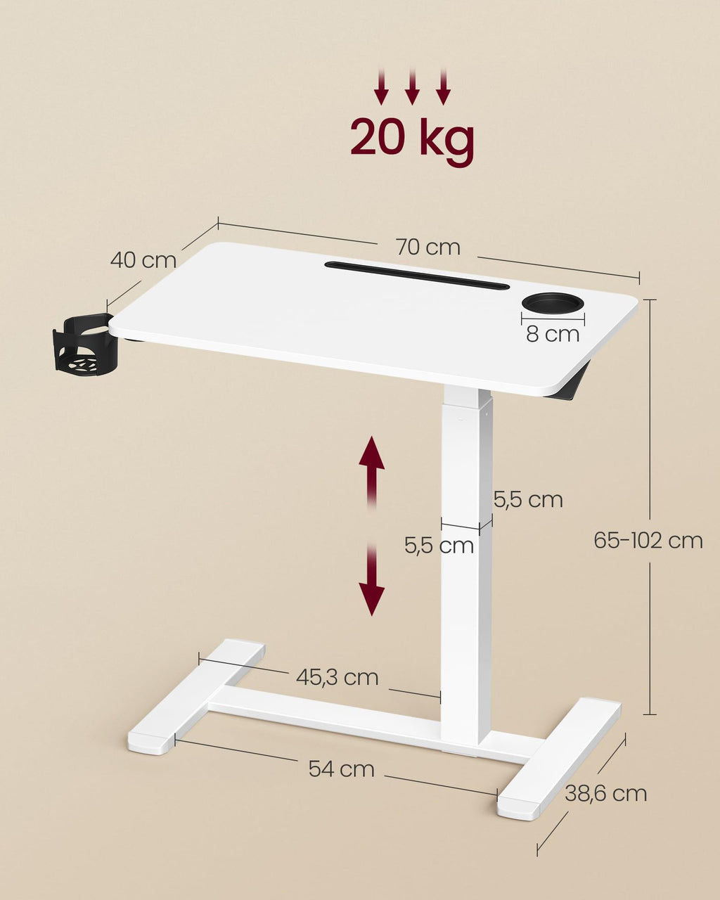 VASAGLE Beistelltisch mit Rollen, mobiler Stehtisch, 70 x 40 cm