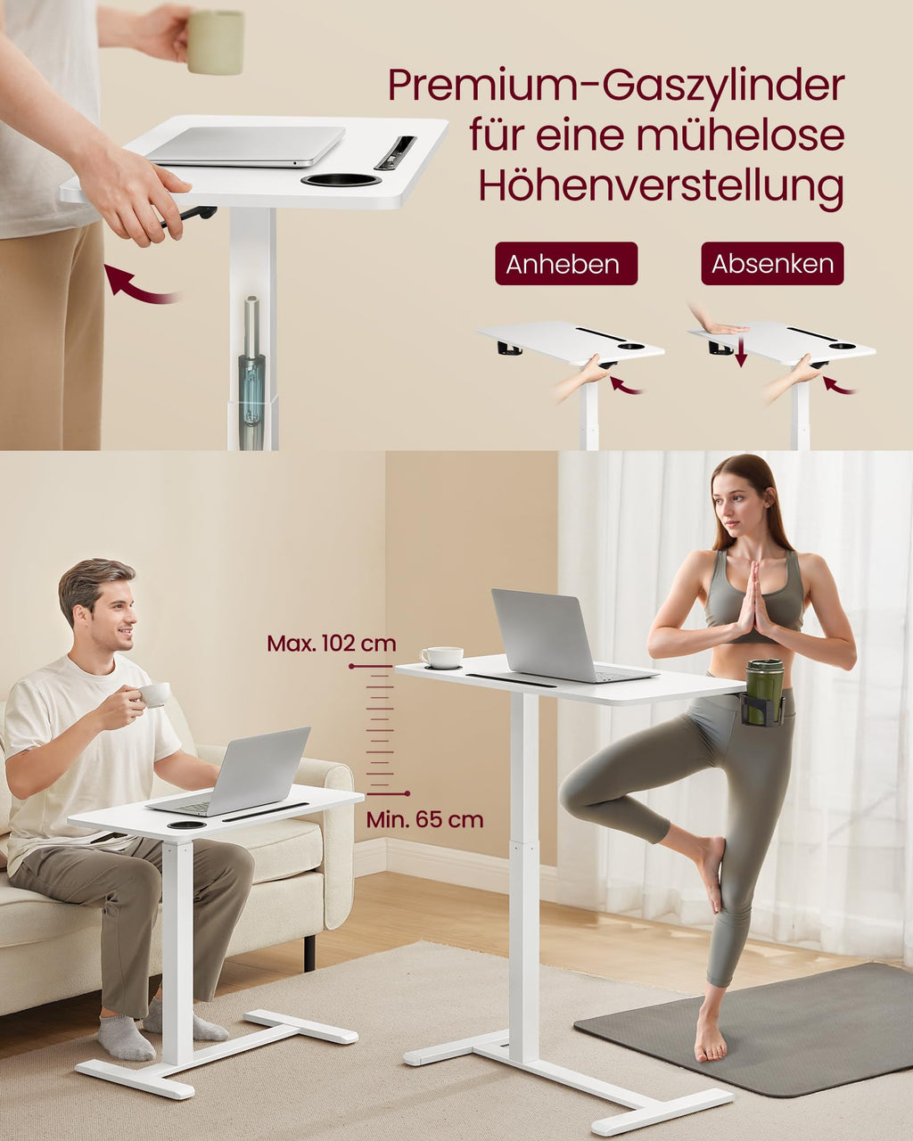 VASAGLE Beistelltisch mit Rollen, mobiler Stehtisch, 70 x 40 cm