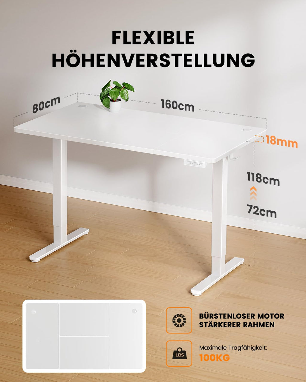 ErGear Höhenverstellbarer Schreibtisch 160x80cm, 100kg Tragkraft