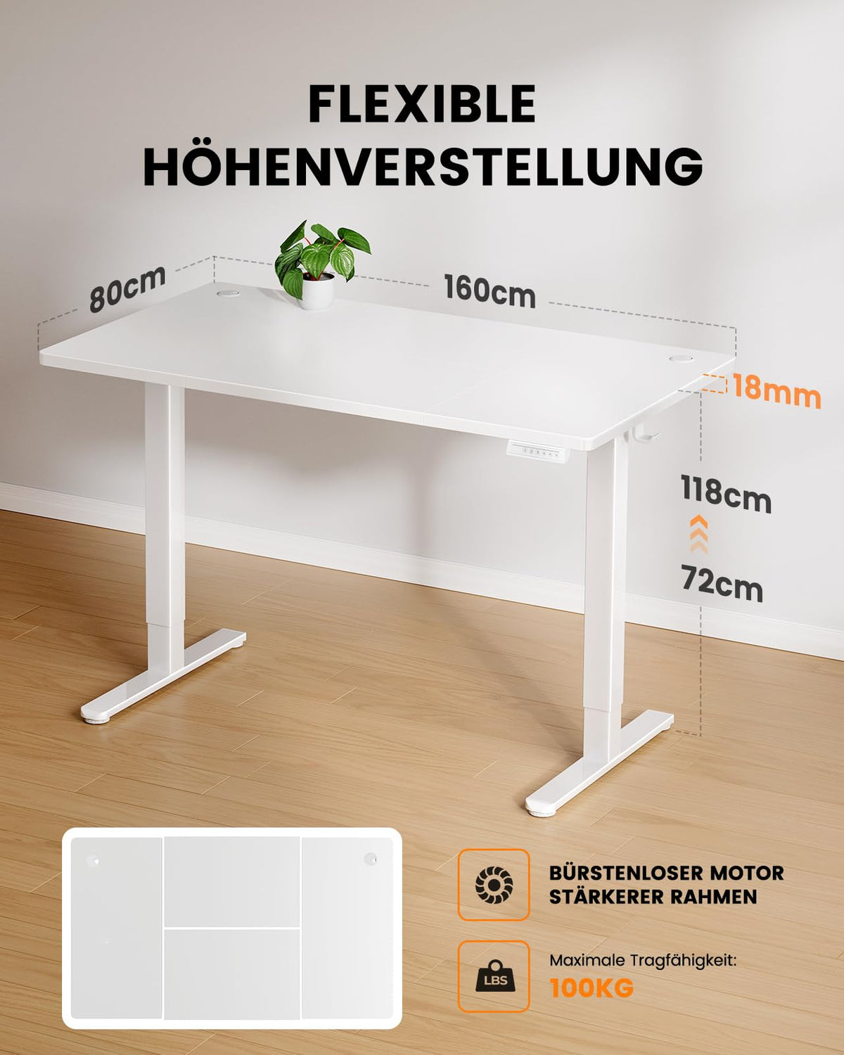 ErGear Höhenverstellbarer Schreibtisch 160x80cm, 100kg Tragkraft