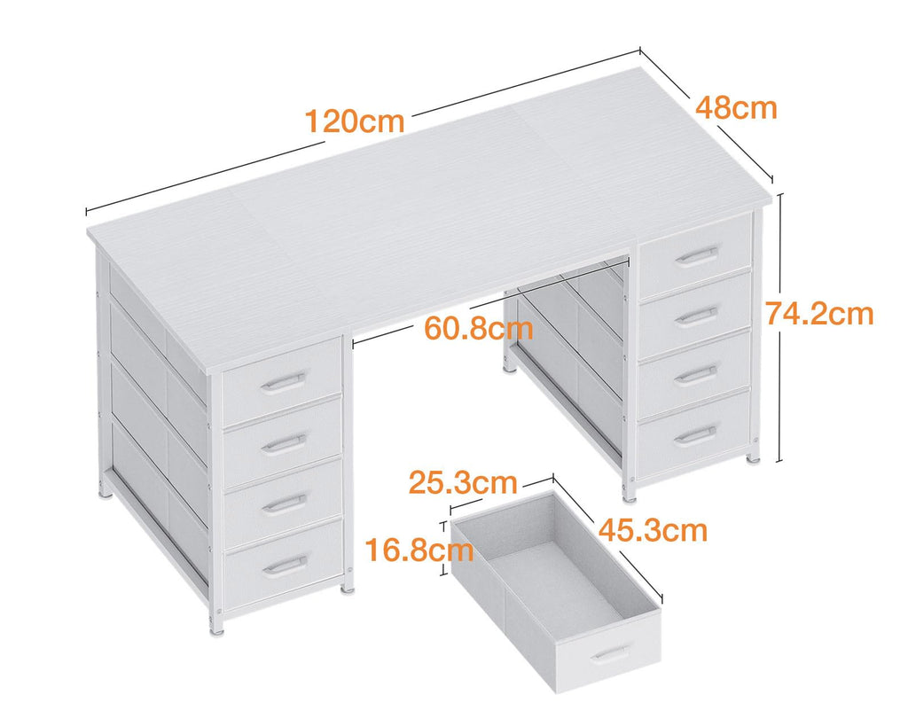 Coleshome Schreibtisch Mit 8 Stoff Schubladen, 120×48 cm, Weiß