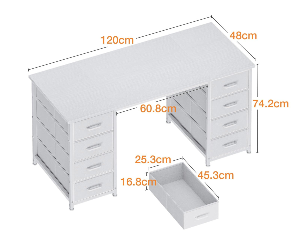 Coleshome Schreibtisch Mit 8 Stoff Schubladen, 120×48 cm, Weiß