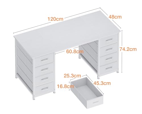 Coleshome Schreibtisch Mit 8 Stoff Schubladen, 120×48 cm, Weiß