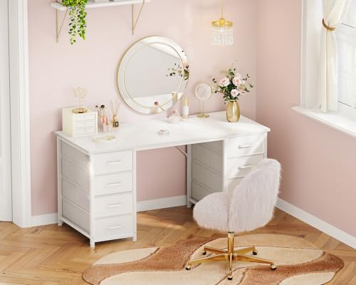 Coleshome Schreibtisch Mit 8 Stoff Schubladen, 120×48 cm, Weiß