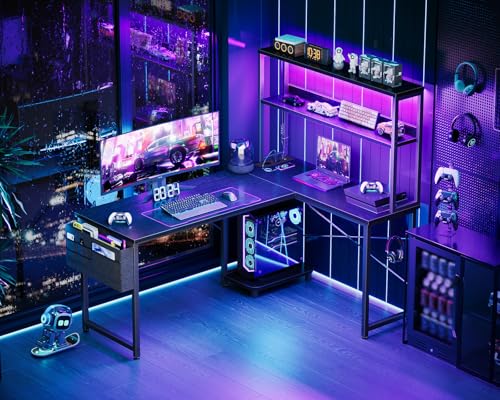 Coleshome Gaming Tisch L Form mit LED & Display Regal, 135×100 cm, Schwarz