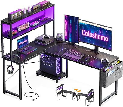 Coleshome Gaming Tisch L Form mit LED & Display Regal, 135×100 cm, Schwarz