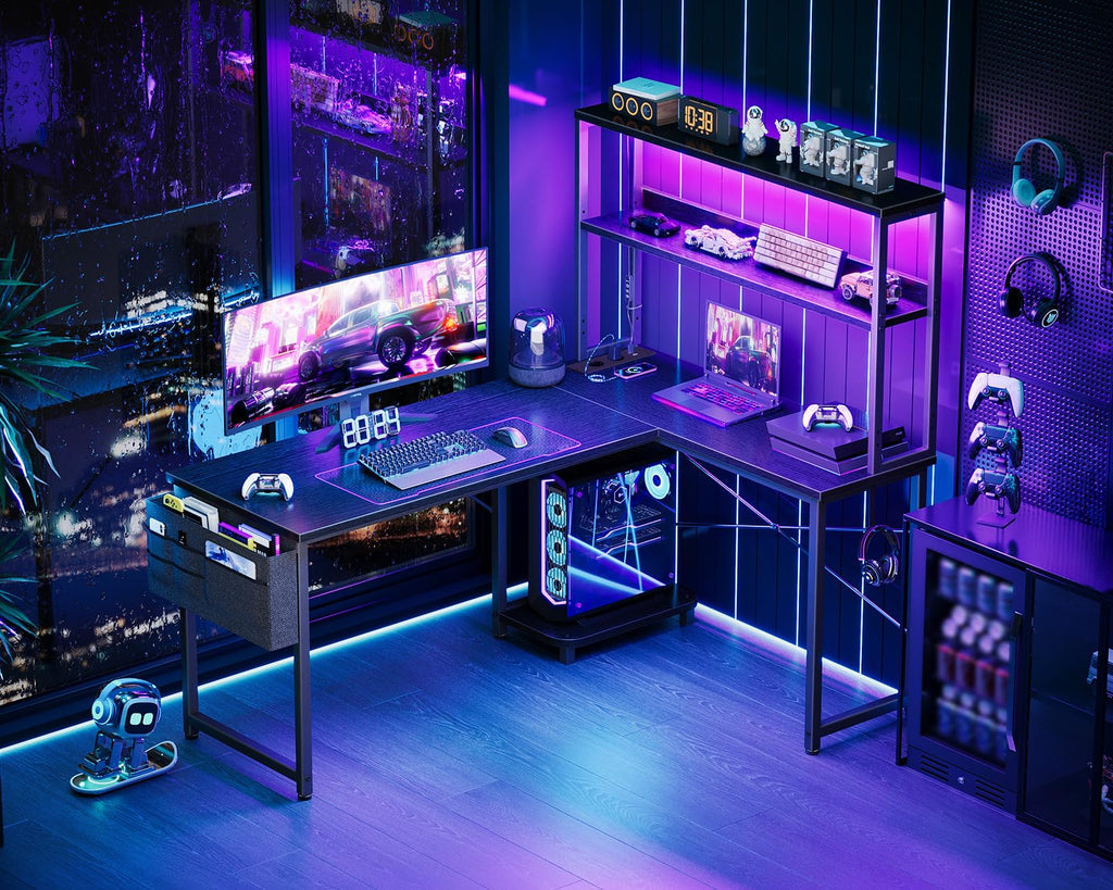 Coleshome Gaming Tisch L Form mit LED & Display Regal, 135×100 cm, Schwarz
