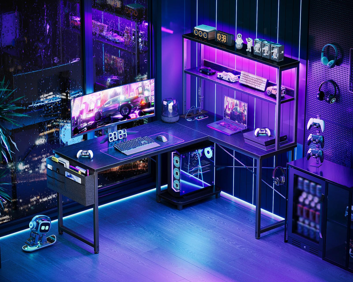 Coleshome Gaming Tisch L Form mit LED & Display Regal, 135×100 cm, Schwarz