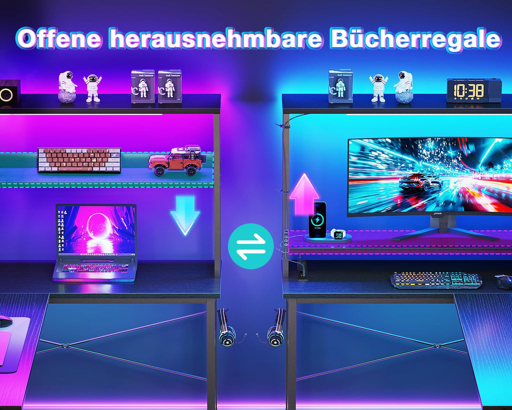 Coleshome Gaming Tisch L Form mit LED & Display Regal, 135×100 cm, Schwarz