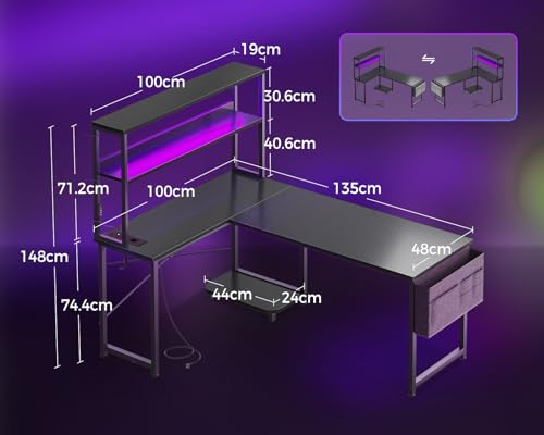 Coleshome Gaming Tisch L Form mit LED & Display Regal, 135×100 cm, Schwarz