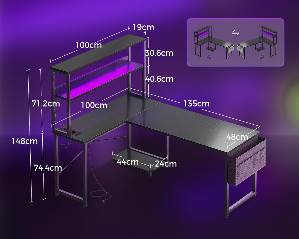 Coleshome Gaming Tisch L Form mit LED & Display Regal, 135×100 cm, Schwarz