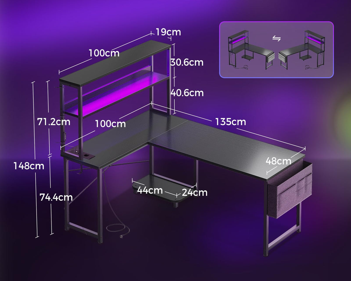 Coleshome Gaming Tisch L Form mit LED & Display Regal, 135×100 cm, Schwarz
