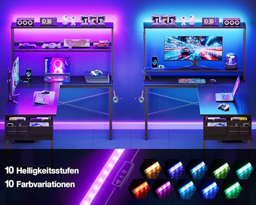 Coleshome Gaming Tisch L Form mit LED & Display Regal, 135×100 cm, Schwarz