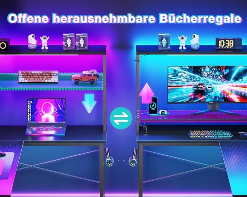 Coleshome Gaming Tisch L Form mit LED & Display Regal, 135×100 cm, Schwarz