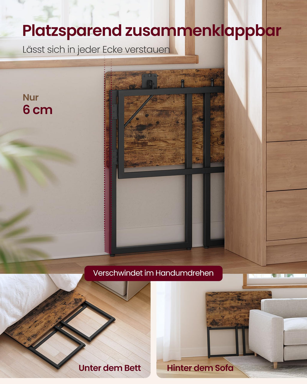 VASAGLE Klapptisch, Tischplatte aus einem Stück, 80 x 40 cm