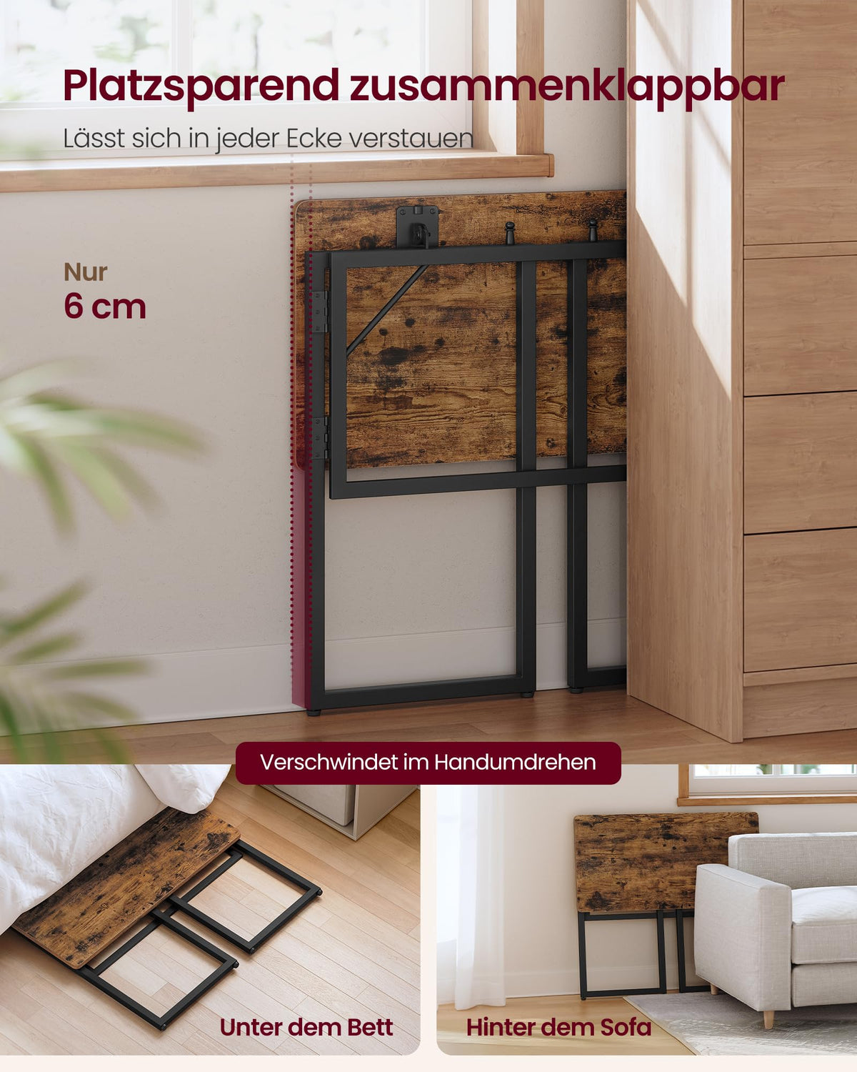 VASAGLE Klapptisch, Tischplatte aus einem Stück, 80 x 40 cm