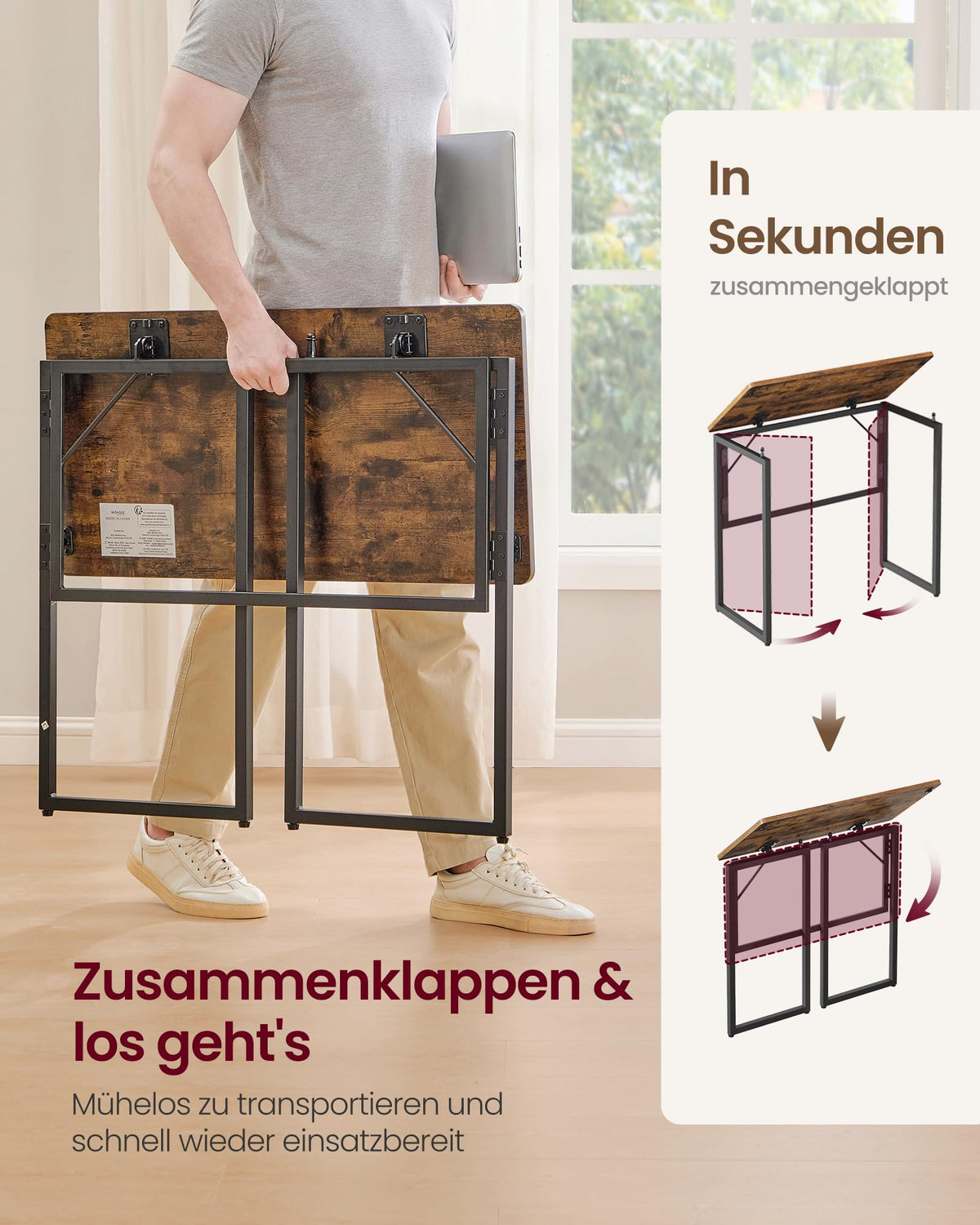 VASAGLE Klapptisch, Tischplatte aus einem Stück, 80 x 40 cm