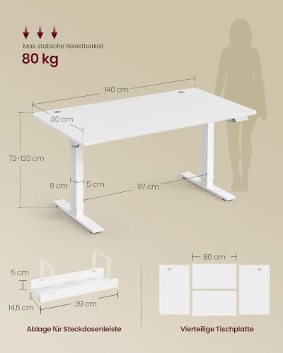 VASAGLE Höhenverstellbarer Schreibtisch, 140 x 80 cm, USB-C-Anschluss