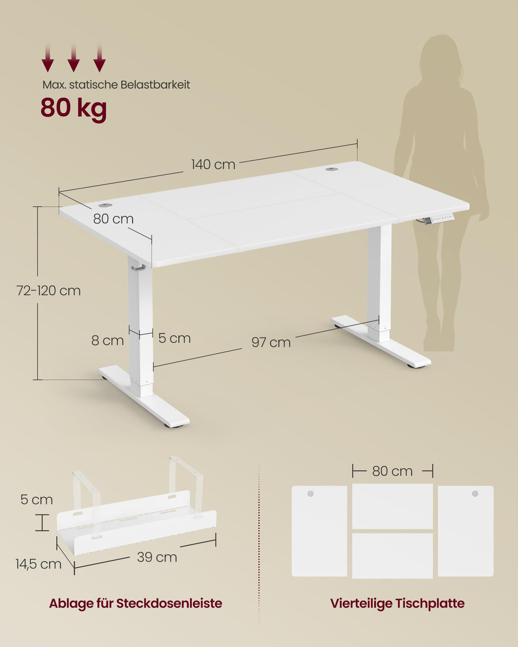 VASAGLE Höhenverstellbarer Schreibtisch, 140 x 80 cm, USB-C-Anschluss