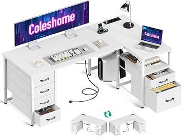Coleshome Eckschreibtisch mit 6 Stoff Schubladen, 140×80 cm, Weiß