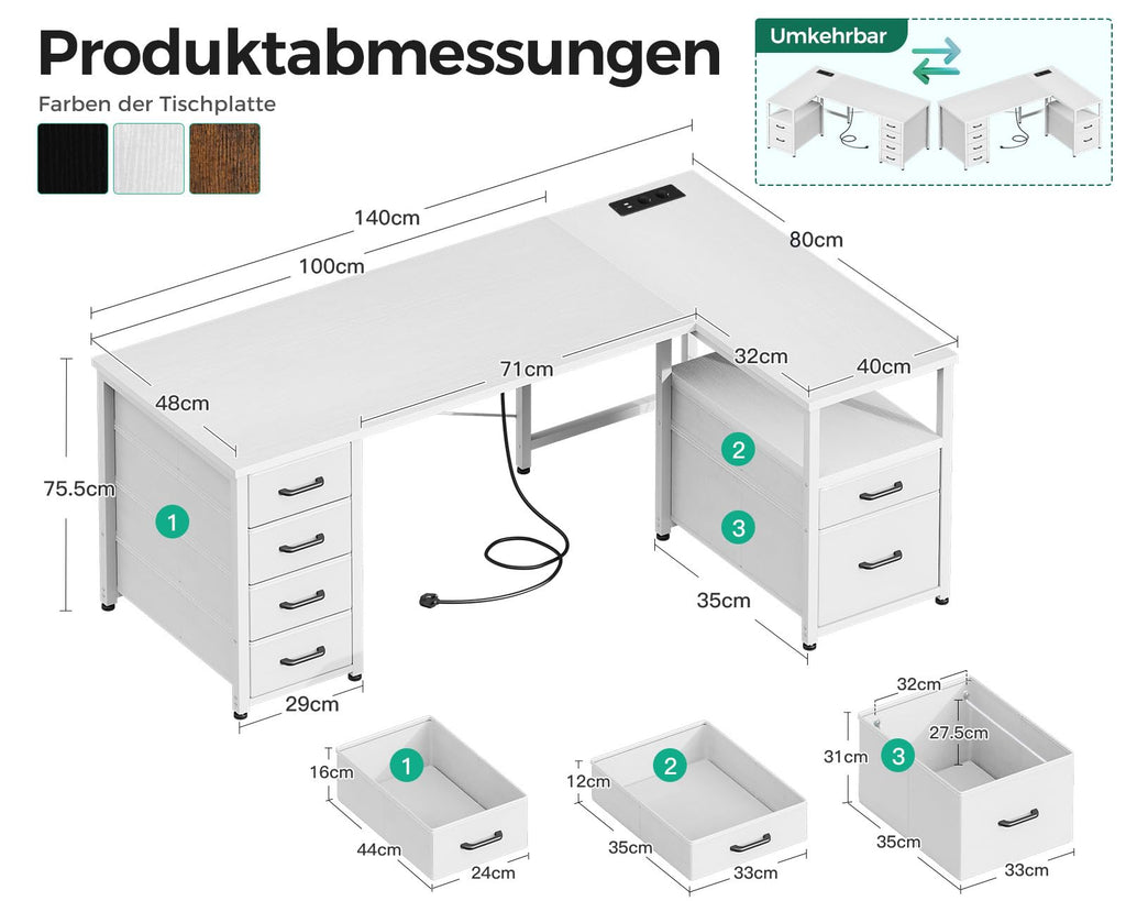 Coleshome Eckschreibtisch mit 6 Stoff Schubladen, 140×80 cm, Weiß