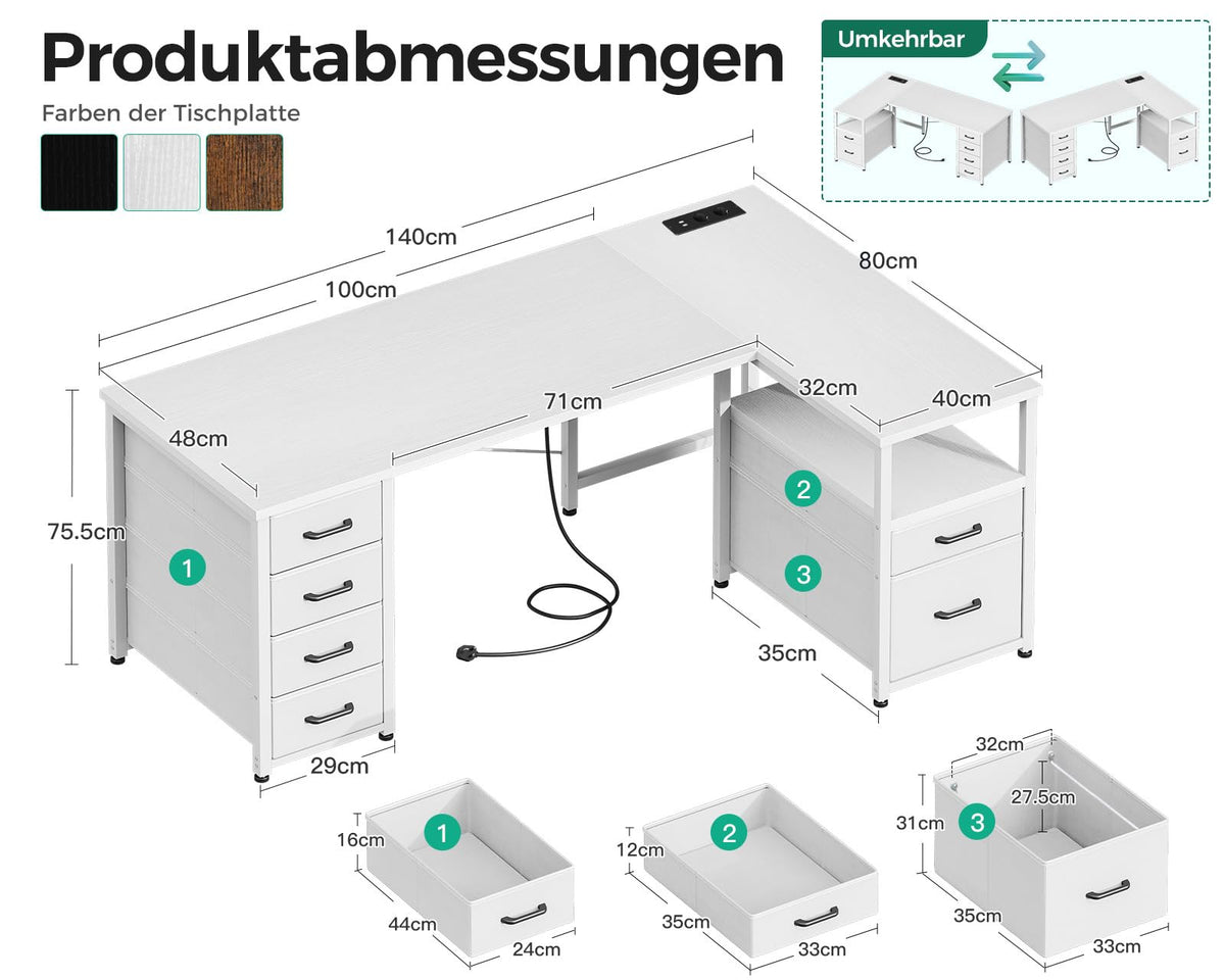 Coleshome Eckschreibtisch mit 6 Stoff Schubladen, 140×80 cm, Weiß