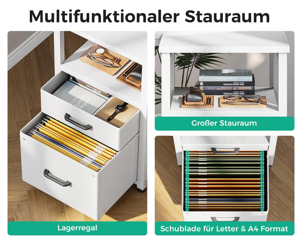 Coleshome Eckschreibtisch mit 6 Stoff Schubladen, 140×80 cm, Weiß