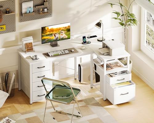 Coleshome Eckschreibtisch mit 6 Stoff Schubladen, 140×80 cm, Weiß