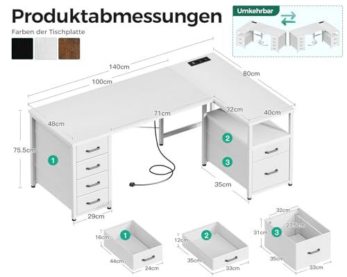 Coleshome Eckschreibtisch mit 6 Stoff Schubladen, 140×80 cm, Weiß