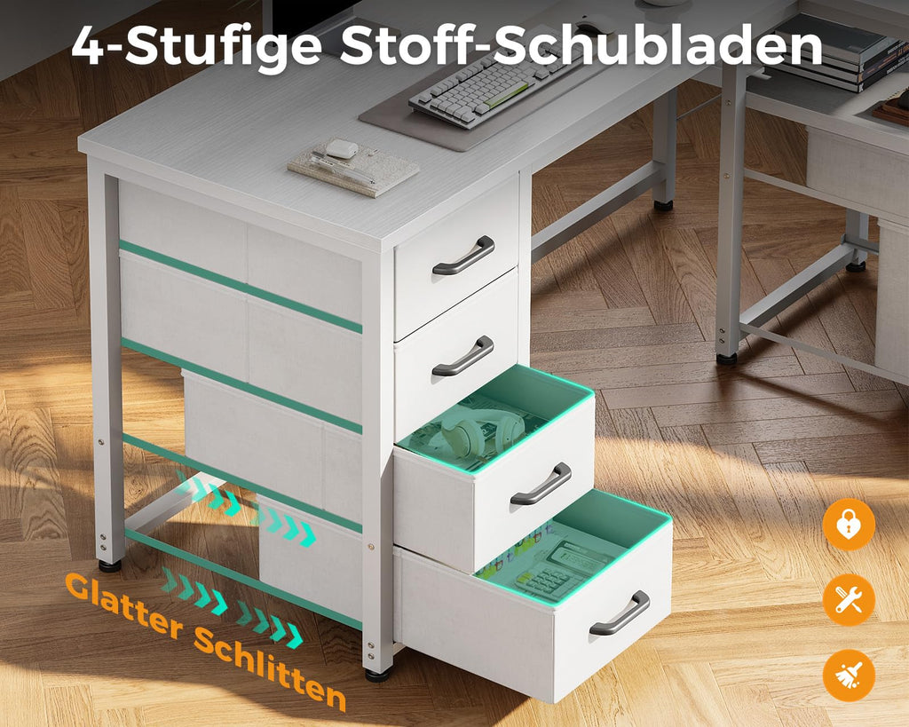 Coleshome Eckschreibtisch mit 6 Stoff Schubladen, 140×80 cm, Weiß