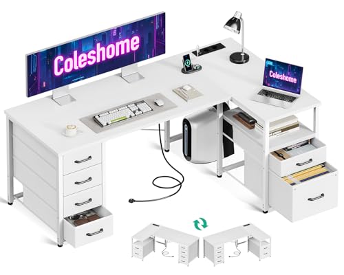 Coleshome Eckschreibtisch mit 6 Stoff Schubladen, 140×80 cm, Weiß
