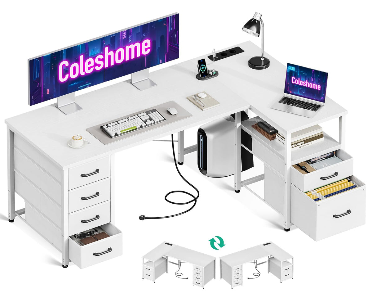 Coleshome Eckschreibtisch mit 6 Stoff Schubladen, 140×80 cm, Weiß