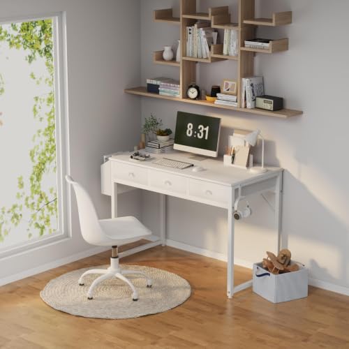 Lufeiya Kleiner Schreibtisch Weiß mit 3 Schubladen,PC Schreibtisch 100cm Klein Computertisch mit Stauraum für Büro HomeOffice 100x50x79 cm