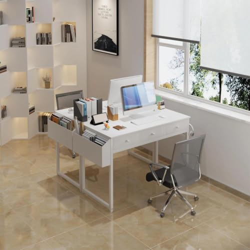 Lufeiya Kleiner Schreibtisch Weiß mit 3 Schubladen,PC Schreibtisch 100cm Klein Computertisch mit Stauraum für Büro HomeOffice 100x50x79 cm