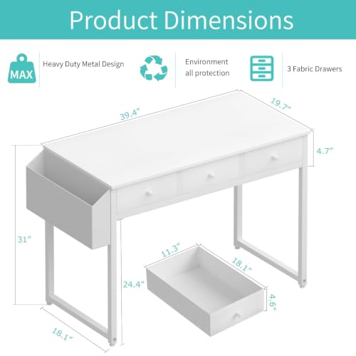 Lufeiya Kleiner Schreibtisch Weiß mit 3 Schubladen,PC Schreibtisch 100cm Klein Computertisch mit Stauraum für Büro HomeOffice 100x50x79 cm